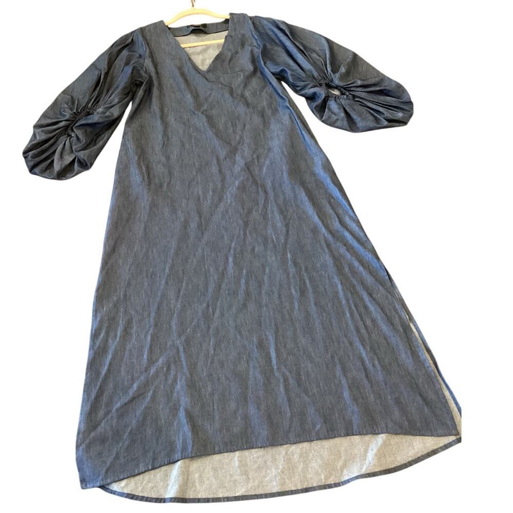 Padova Colombia kaftan denim jean balloon sleeve v neck boho resort Midi dress 6